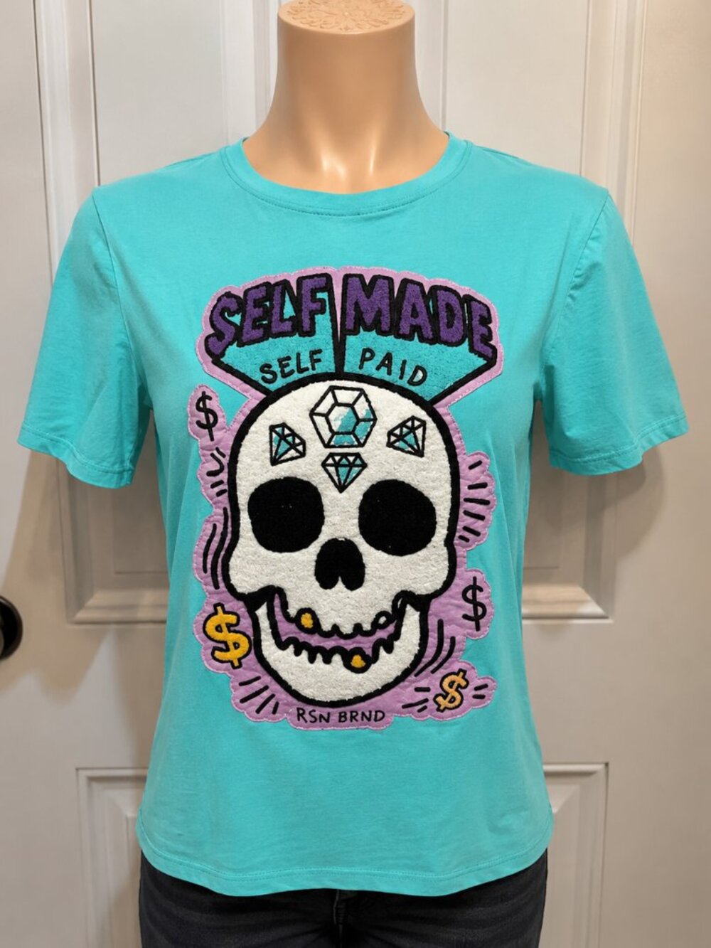 Reason Self Made Skull Chenille Graphic Turquoise T-Shirt Size S New